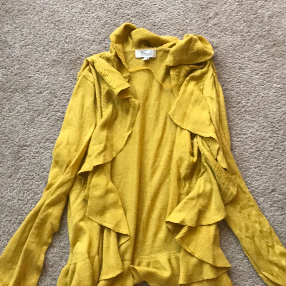 Mustard yellow fossil cardigan with ruffle accent